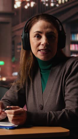 vertical video pov of focused woman sits in a campus library on a video call for a seminar