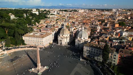 beautiful orbiting drone shot above piazza del popolo, flaminio obelisk