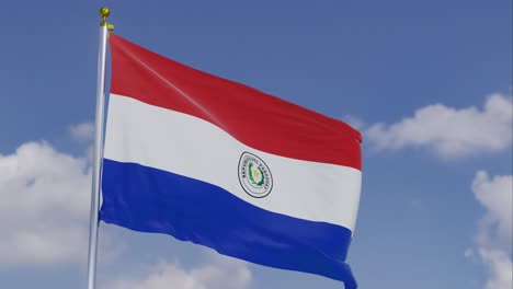bandera de paraguay moviéndose en el viento con un cielo azul claro en el fondo, nubes moviéndose lentamente, asta de la bandera, cámara lenta