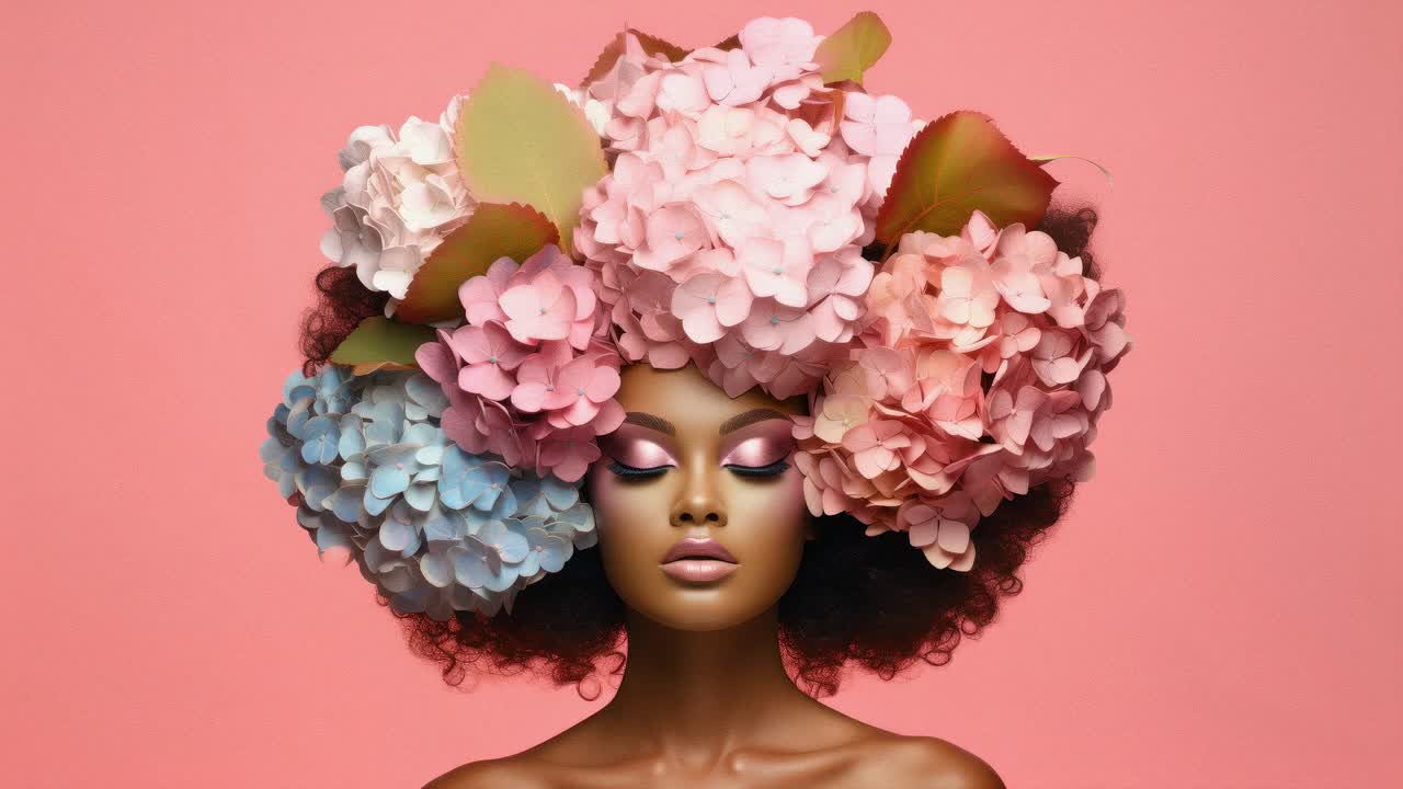 Perfil lateral de uma mulher com um adorno floral na cabeça contra um plano de fundo rosa