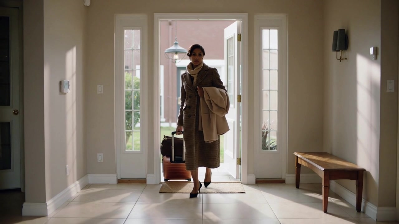 Mulher adulta entrando em casa, puxando a mala pela porta aberta para o hall de entrada, carregando um casaco.