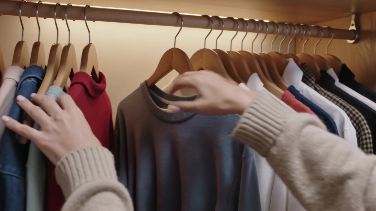 Mani che si protendono da destra, con un maglione beige, che ispezionano top bianchi e grigi su un'asta di legno, selezionandone uno rosso.