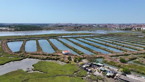 drone shot of wierd long farming ponds in corrois in portugal