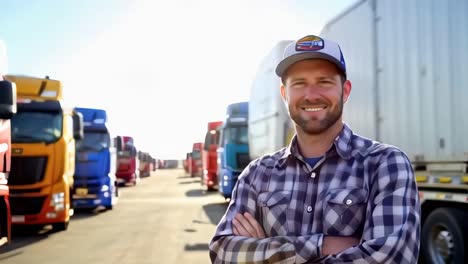 a male truck driver in a plaid shirt stands in front of a line of semi trucks