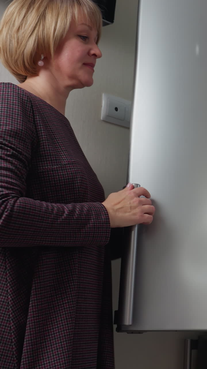 vela roja ardiendo en el mostrador de la cocina mientras la mujer coloca la caja de huevos de nuevo en el refrigerador, configuración de cocina moderna con electrodomésticos de acero inoxidable, iluminación cálida y encimeras organizadas