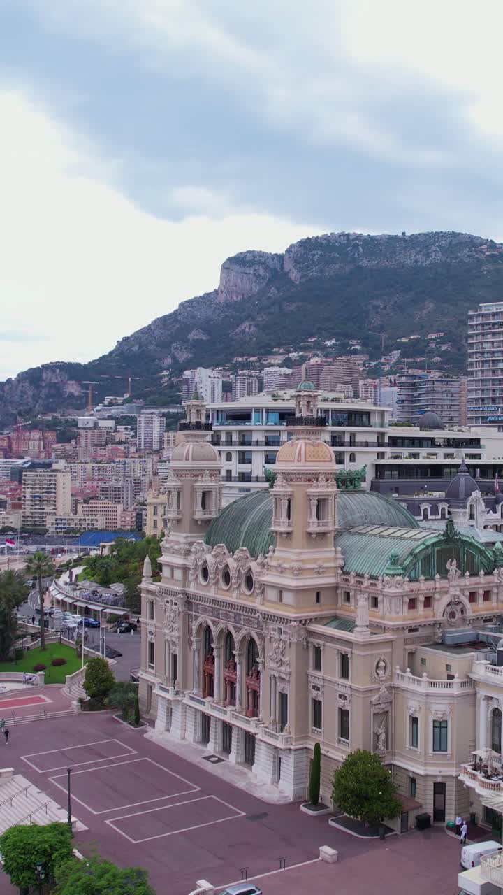 Vertical, Monte Carlo Monaco Downtown Buildings, Famous Casino and Harbor, Establishing Drone Shot