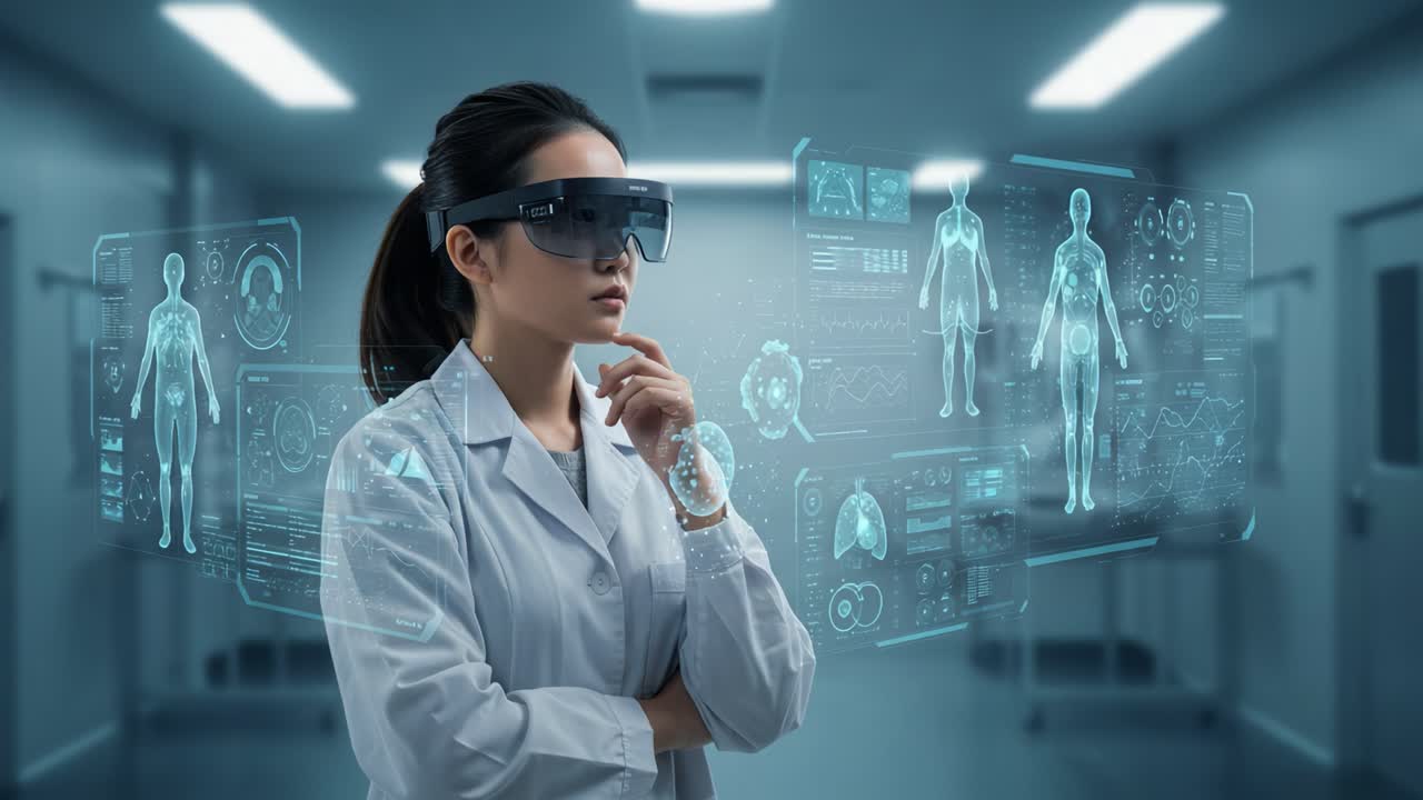 Futuristic Medical Visualization: A Scientist Analyzing Data Using Augmented Reality Technology in a High-Tech Laboratory Setting