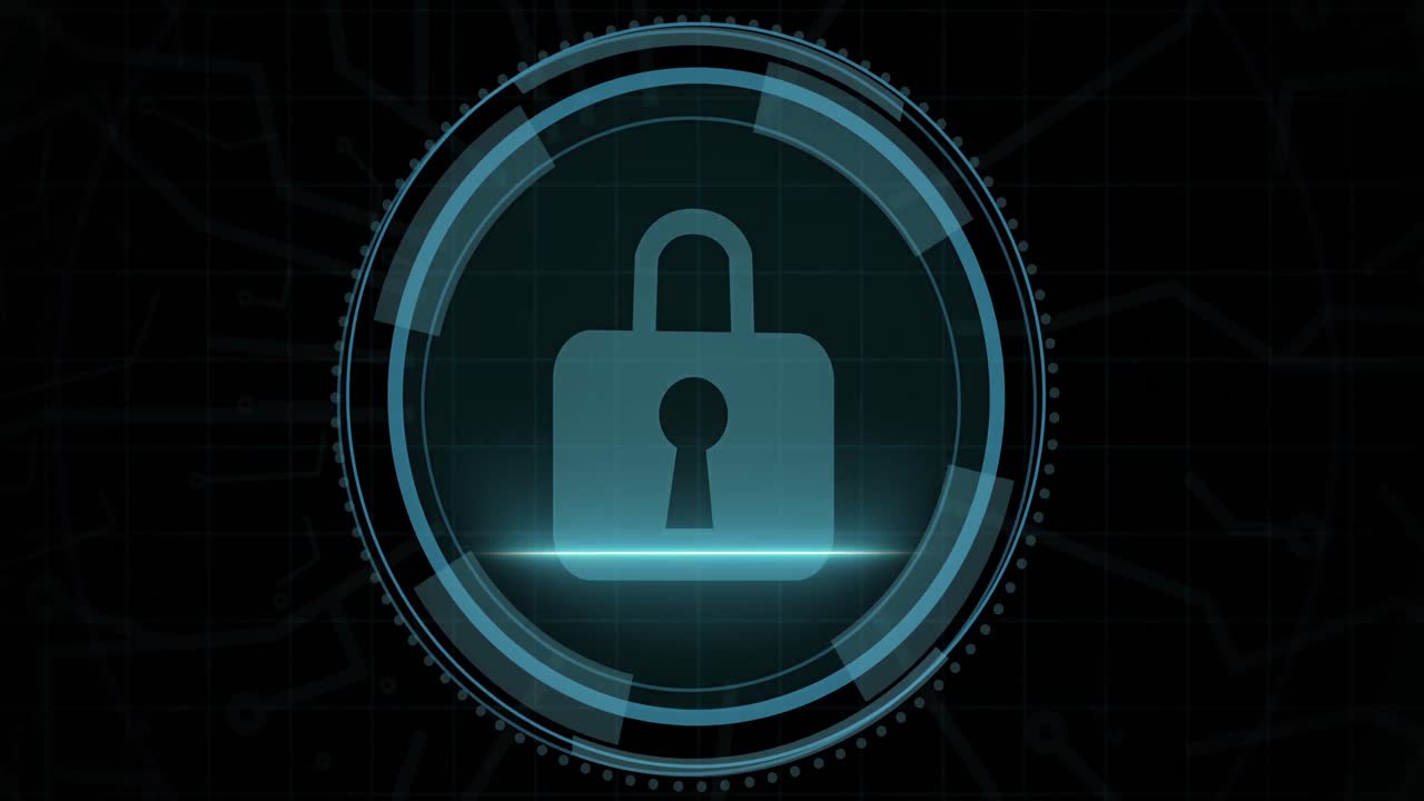 animación de un candado digital en círculo y seguridad cibernética en fondo negro