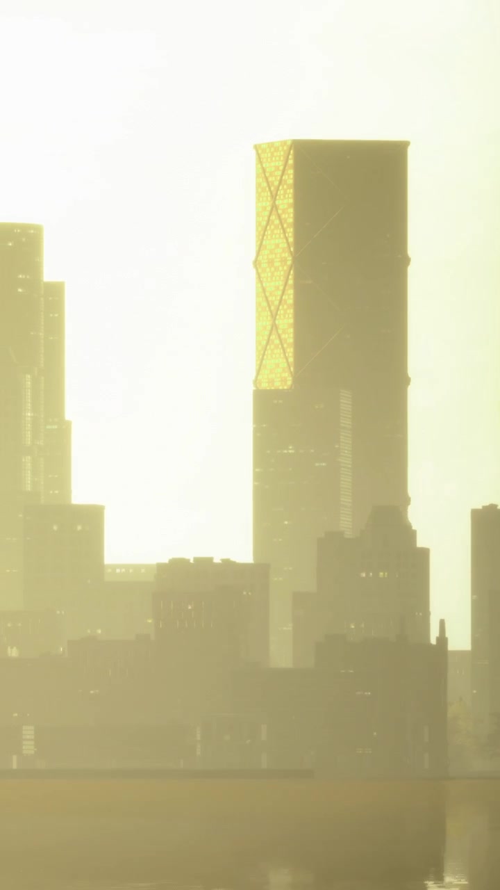 El horizonte de la ciudad muestra la silueta de edificios al atardecer con una luz dorada.