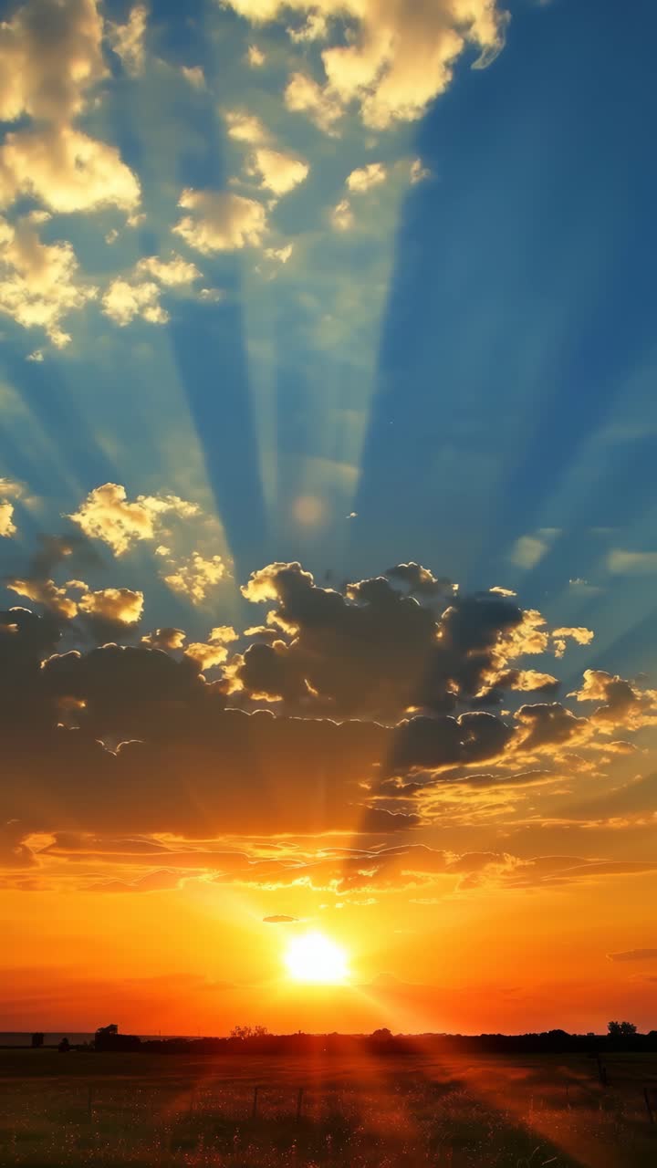 Dramatic sunset with sun rays piercing clouds, captured from a low angle