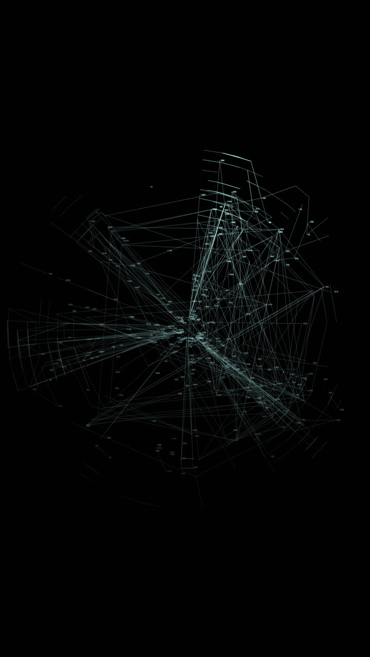 Intricate white line network with nodes and data pulses on a black background. Versatile sci-fi element for AI and machine learning overlays