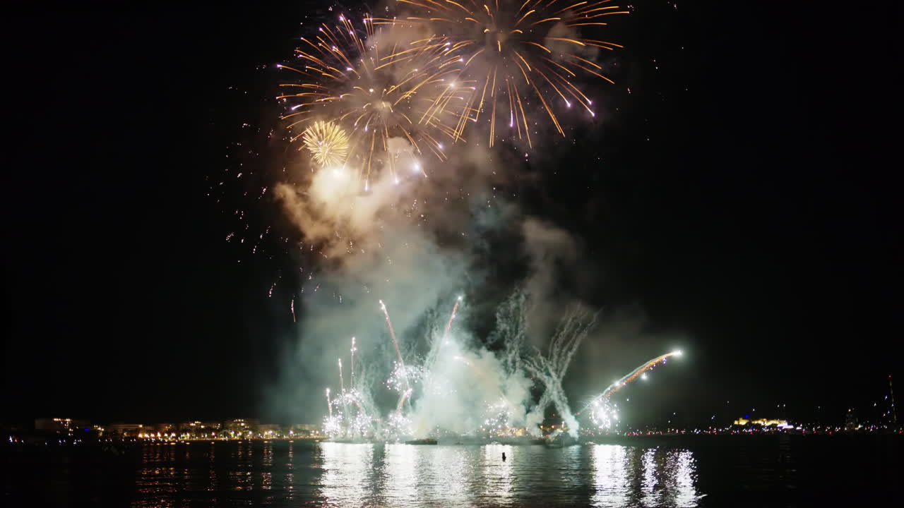 Fireworks at the Cannes Fireworks Festival at night, France, slow motion