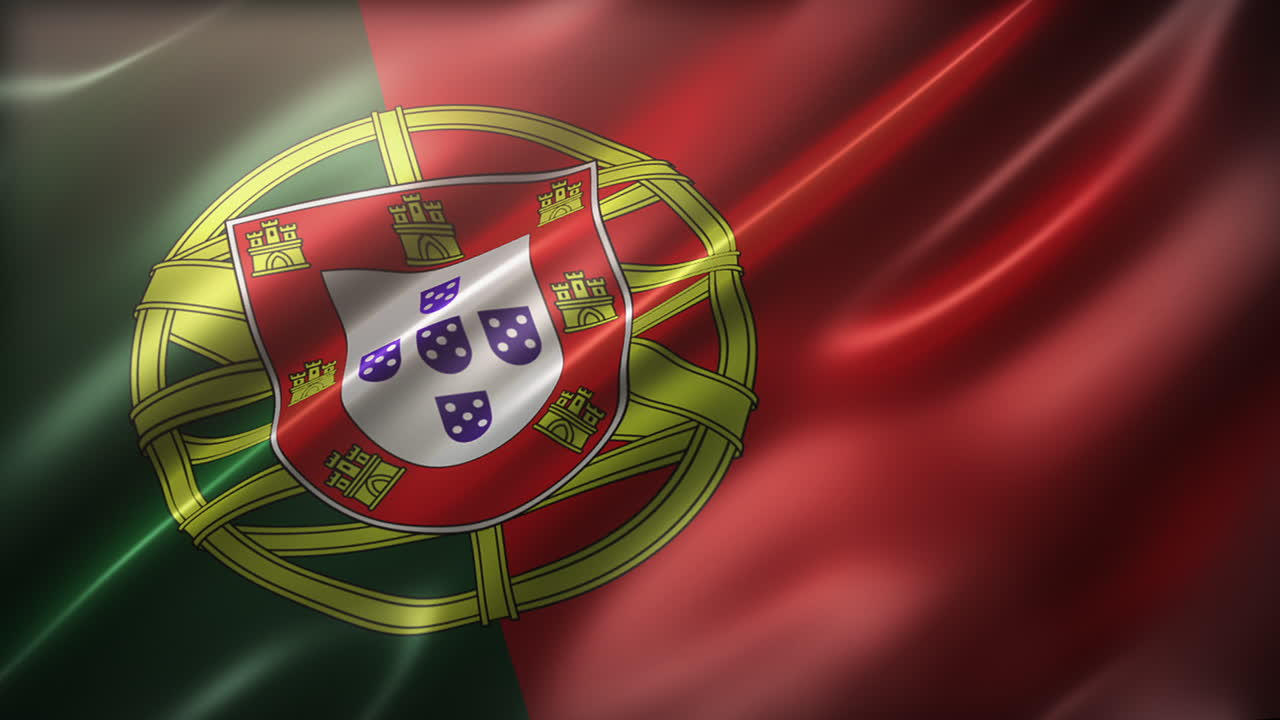 The Flag of Portuguese Republic, full frame, high-angle, cinematic look and feel, realistic CG animation, seamless loop-able, glossy, slow-motion wavering, elegant silky texture waving