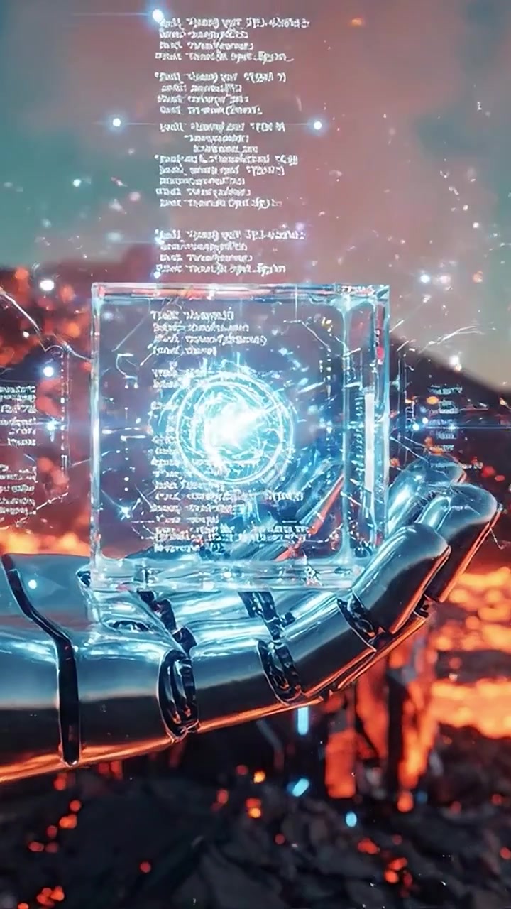 A Futuristic Robot Hand Reaches Toward an Explosive Energy Source Amidst a Fiery Lava Landscape, Merging Technology with Primitive Nature in Dramatic Contrast