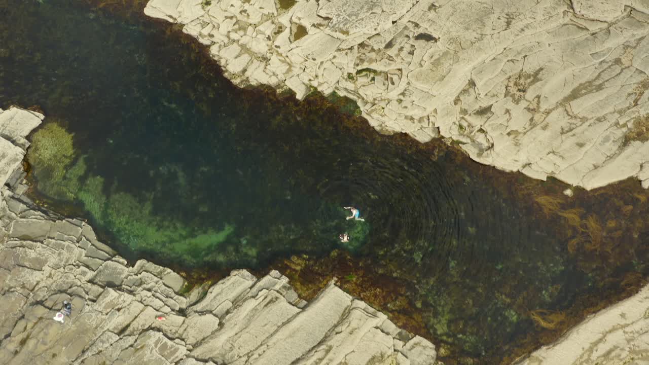 Aerial top-down of a tidal pool at Pollock Holes in Kilkee, Co. Clare.