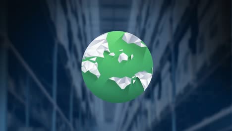 Digital-composition-of-green-globe-spinning-against-warehouse-in-background