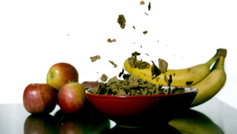 cereal falling in a bowl beside fruit