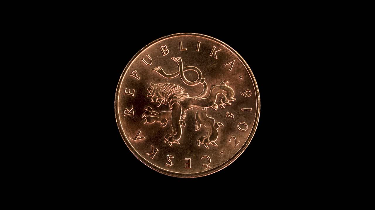 Czech Republic 2016 ten korun coin obverse with crowned Czech lion rotating on black background