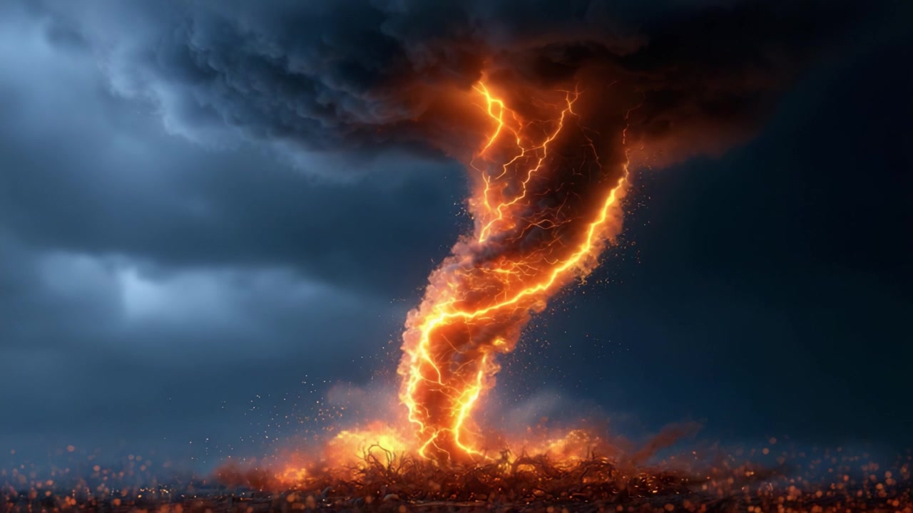 Un tornado infuocato emerge dal terreno, illuminando i cieli scuri con sorprendenti fulmini arancioni e rossi in un'atmosfera volatile e caotica