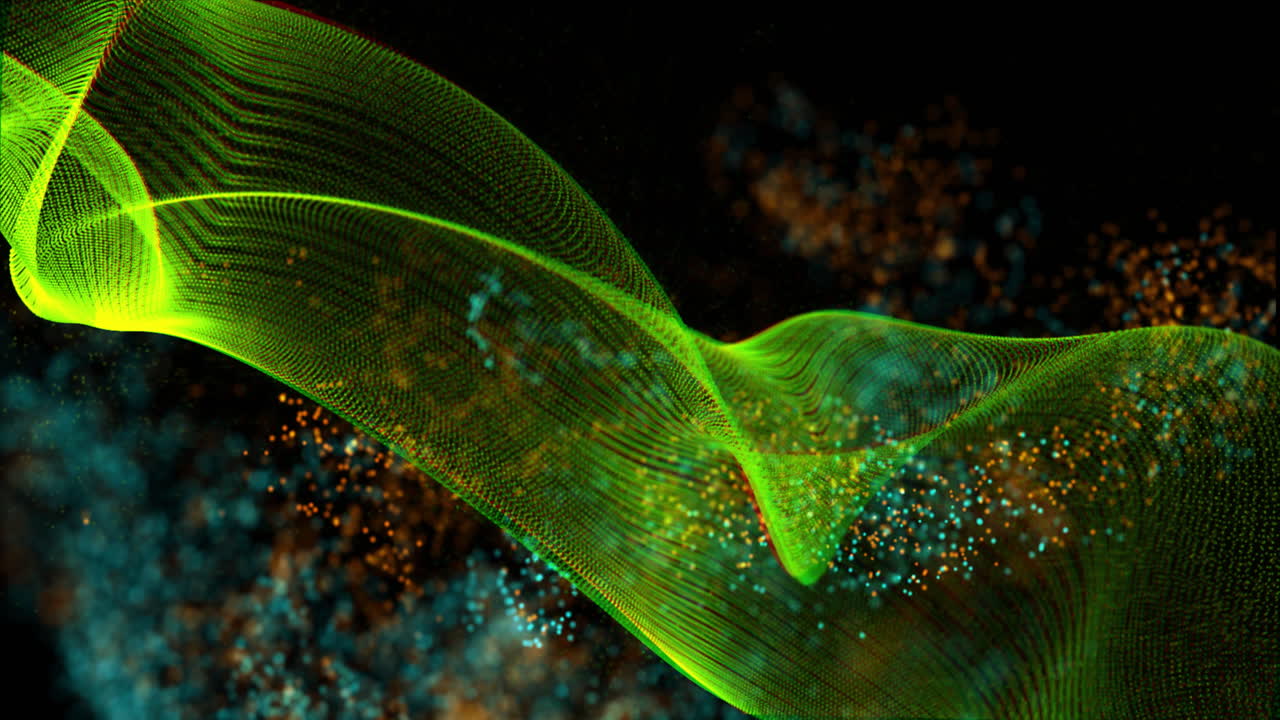 Translucent green mesh wave flowing in 3D render, weaving through glowing orange and cyan particles