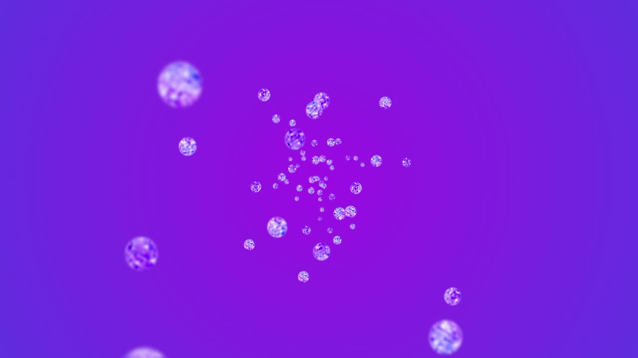 Flying many clear crystal spheres on purple background. Shine transparent, Colorful glass. 3D animation of shiny ball rotating. Loop animation.