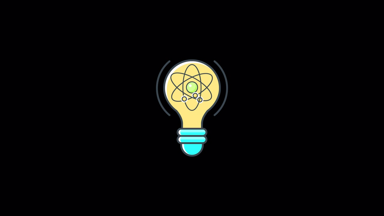 Lampadina animata con simbolo dell'atomo per rappresentare un'idea e la scienza.