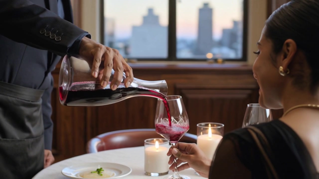 Pouring server approaching upscale dining table in suit serving diner in black dress with glass
