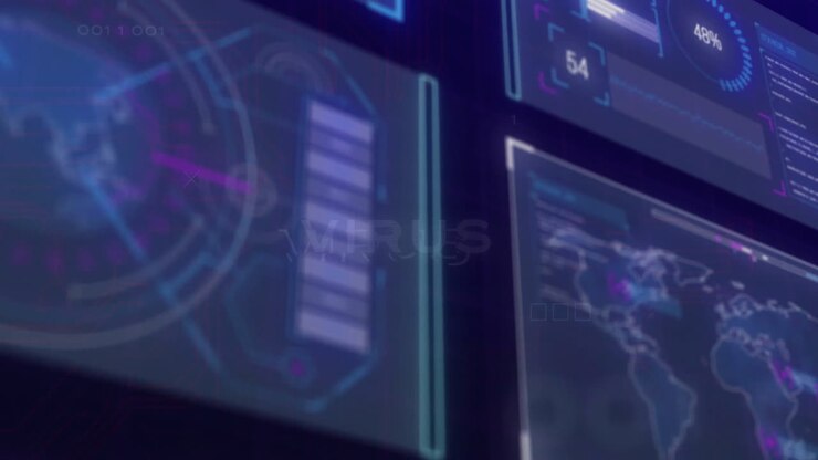 Animation of data processing and diagrams over blue background