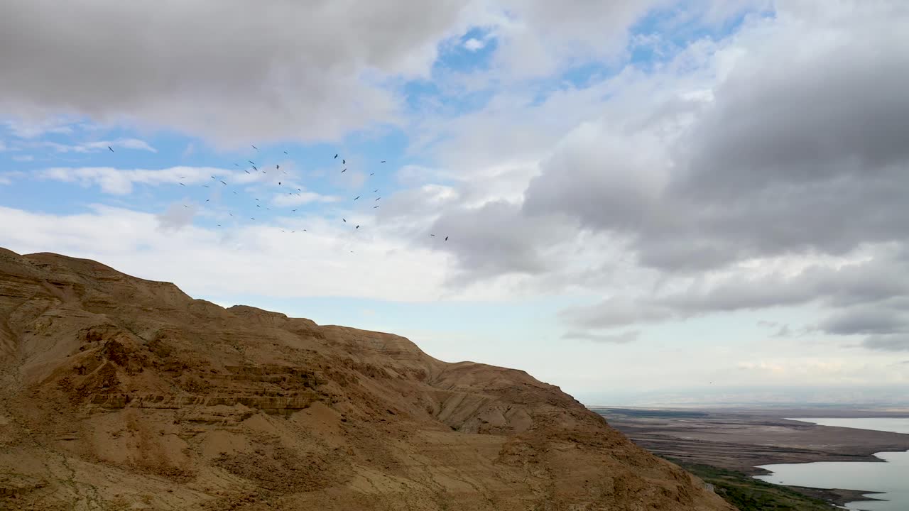 Stormo di uccelli che volano in cerchio sopra montagne desertiche, il Mar Morto sullo sfondo, cielo nuvoloso.