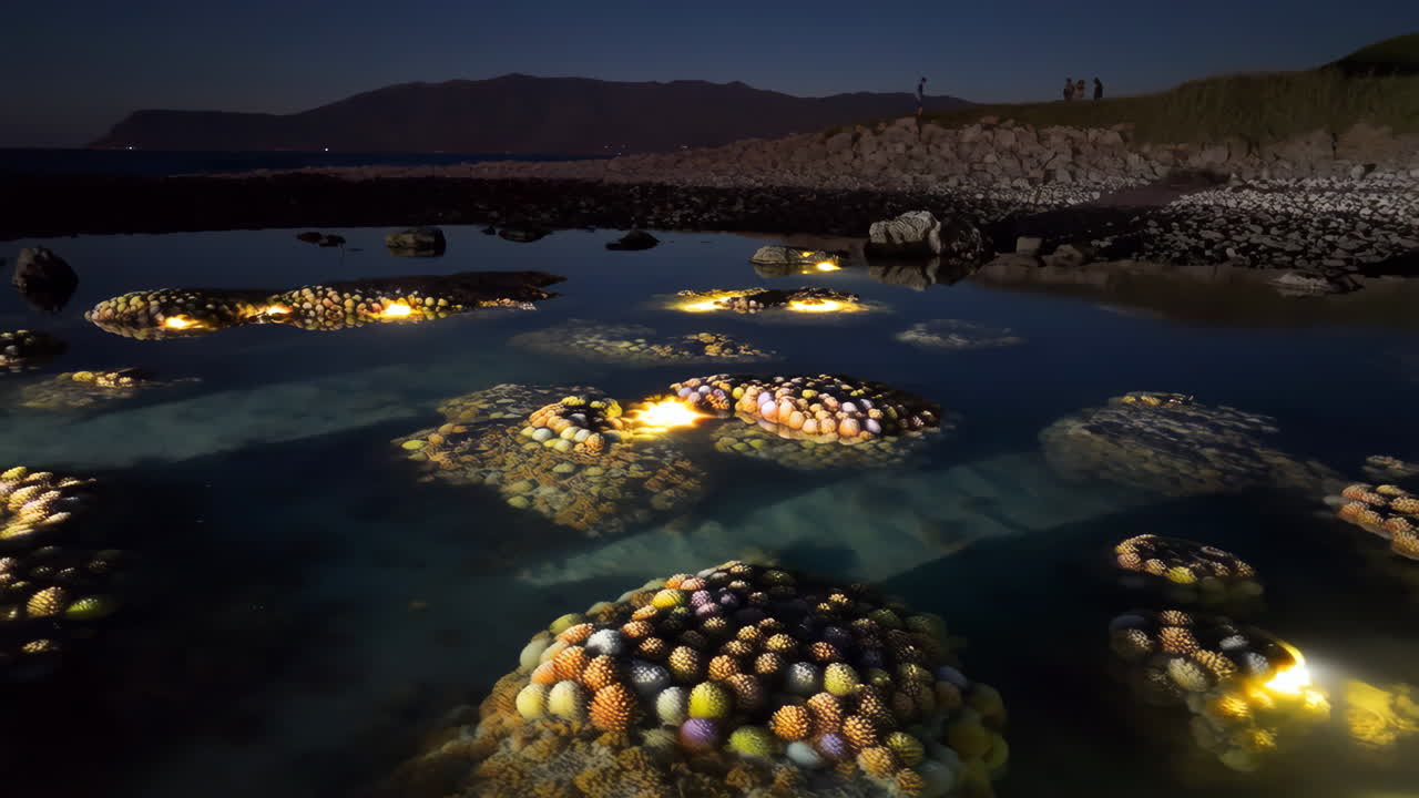 Illuminated Coral-like Structures in a Coastal Waterscape at Night