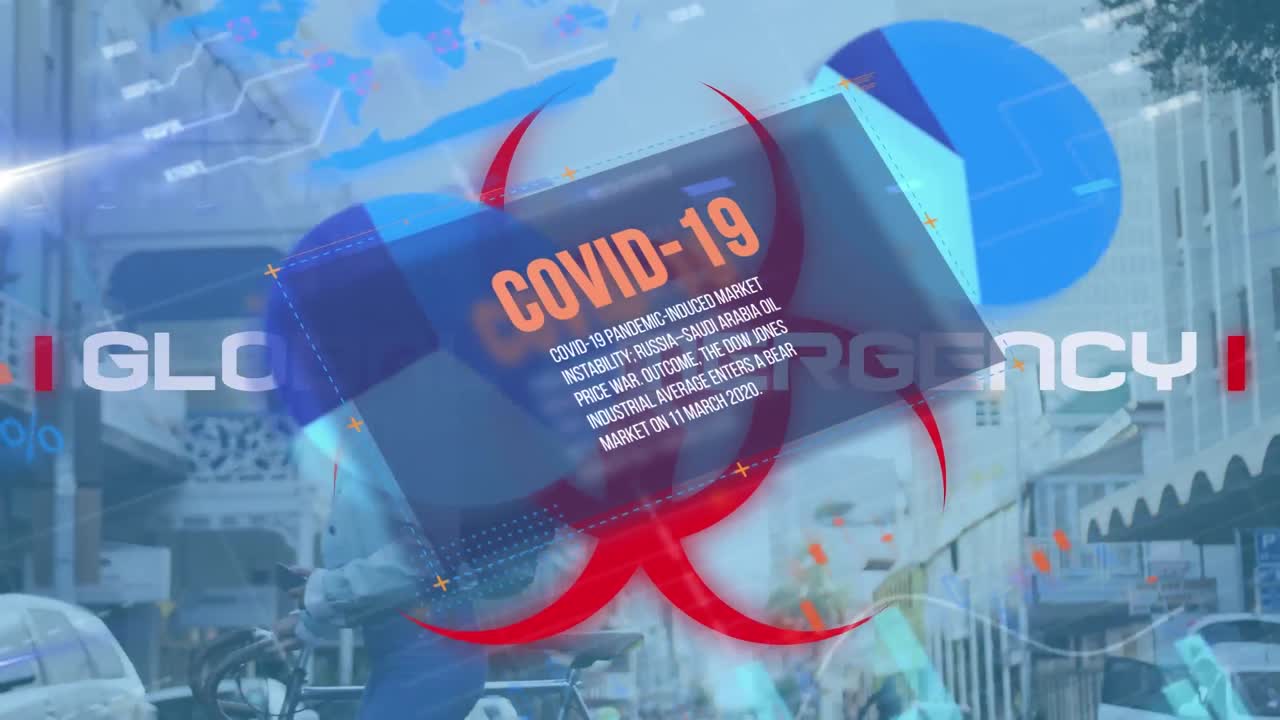 Animation of covid 19 data processing over biohazard symbol and woman in face mask