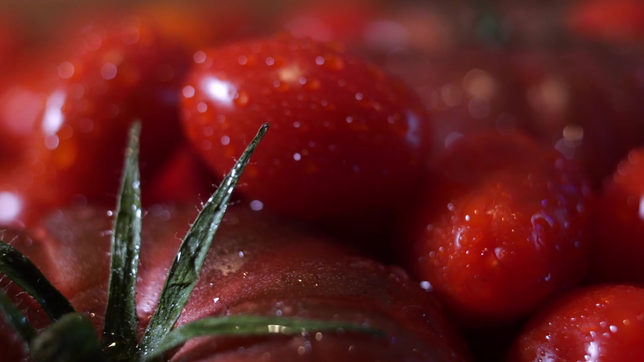 50p extreme Makro-Slider-Aufnahme über die Textur frischer Tomatenhaut.