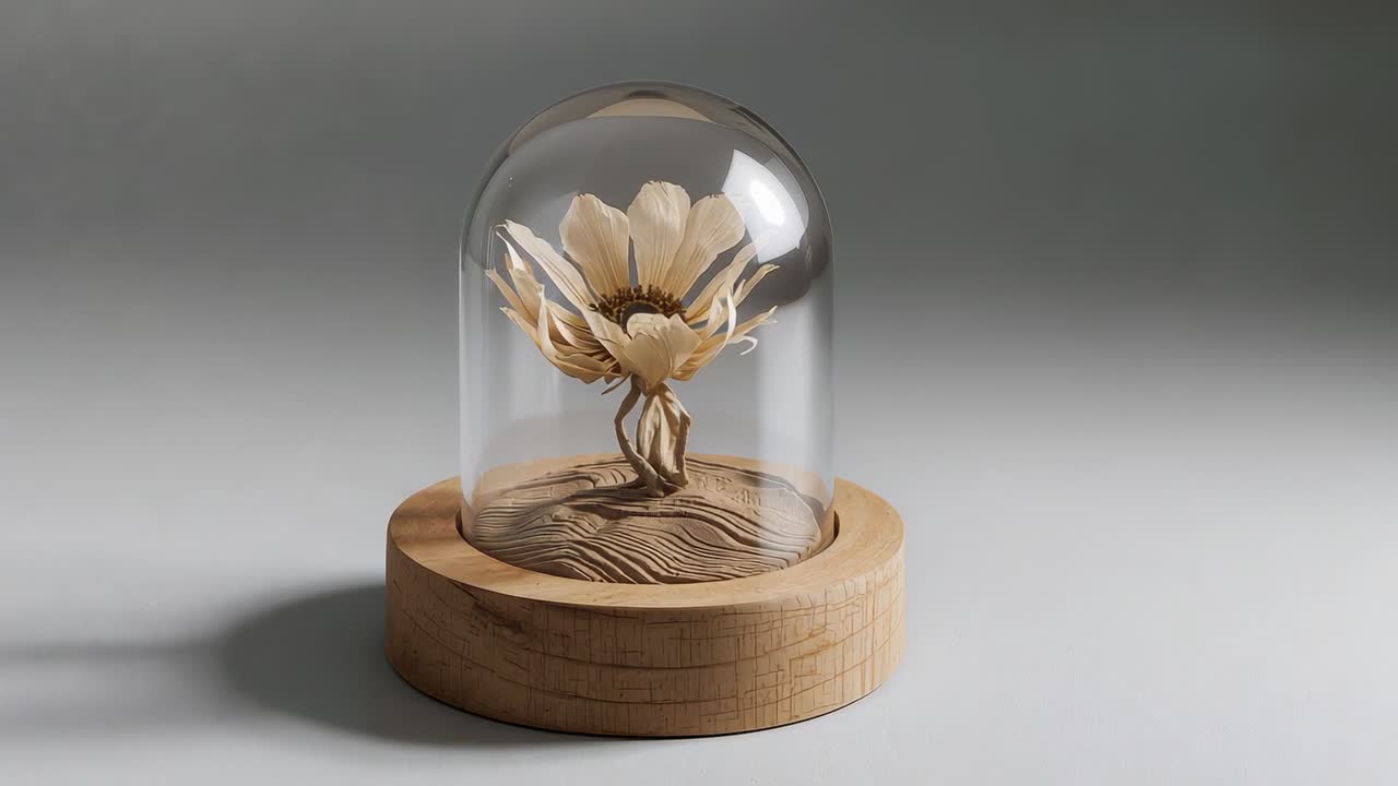 Opening view revealing wooden flower sculpture rotating on tabletop under glass dome with wood base