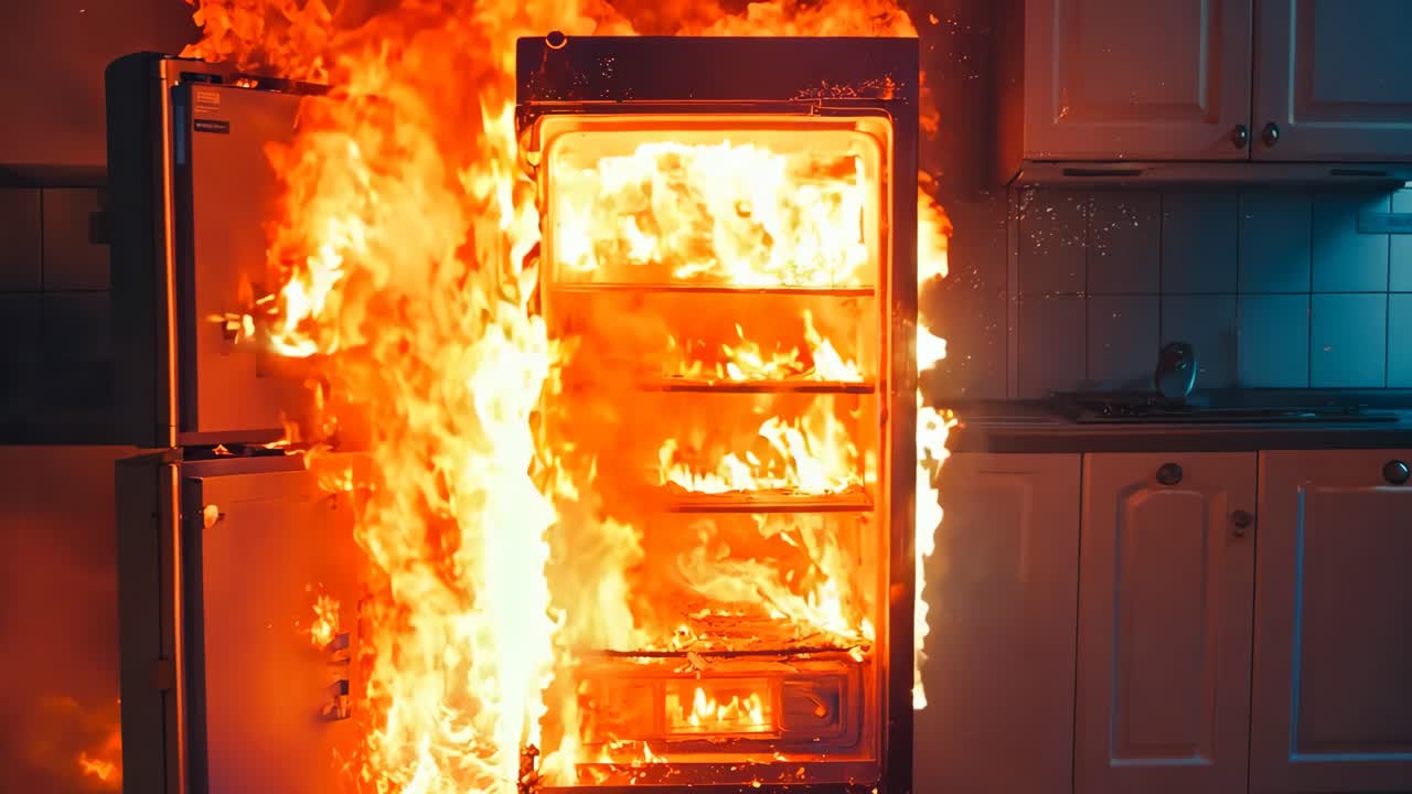 un horno ardiente en una cocina con un fuego saliendo de él
