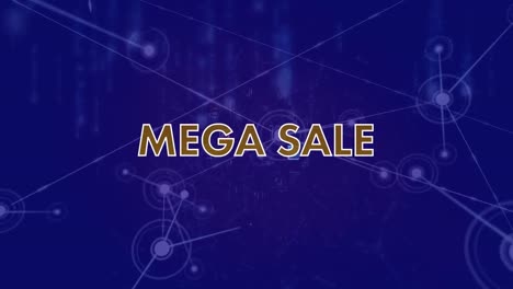 Animation-of-mega-sale-text-and-connected-dots-with-mobile-apps-on-blue-background