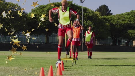 practicing agility drills, soccer players with star animation overlay on field