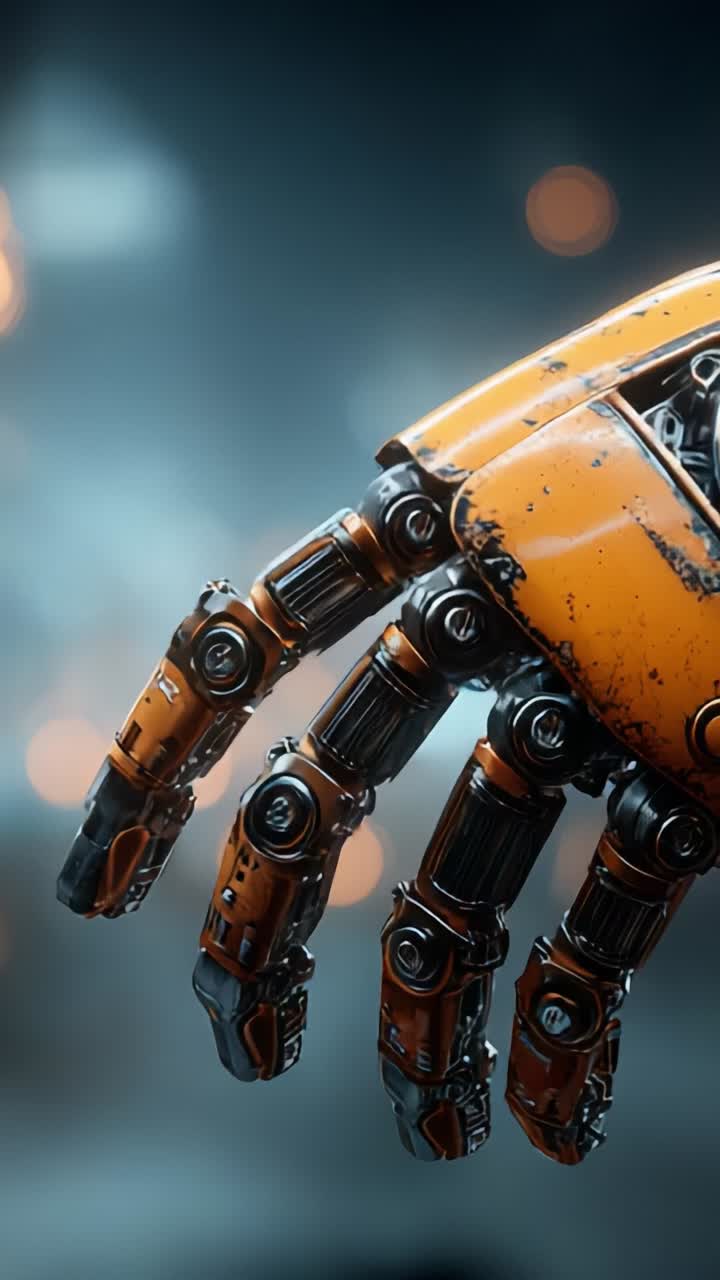 Primo piano di una mano meccanica: inquadratura del design intricato e dei dettagli di un arto robotico futuristico su uno sfondo leggermente illuminato