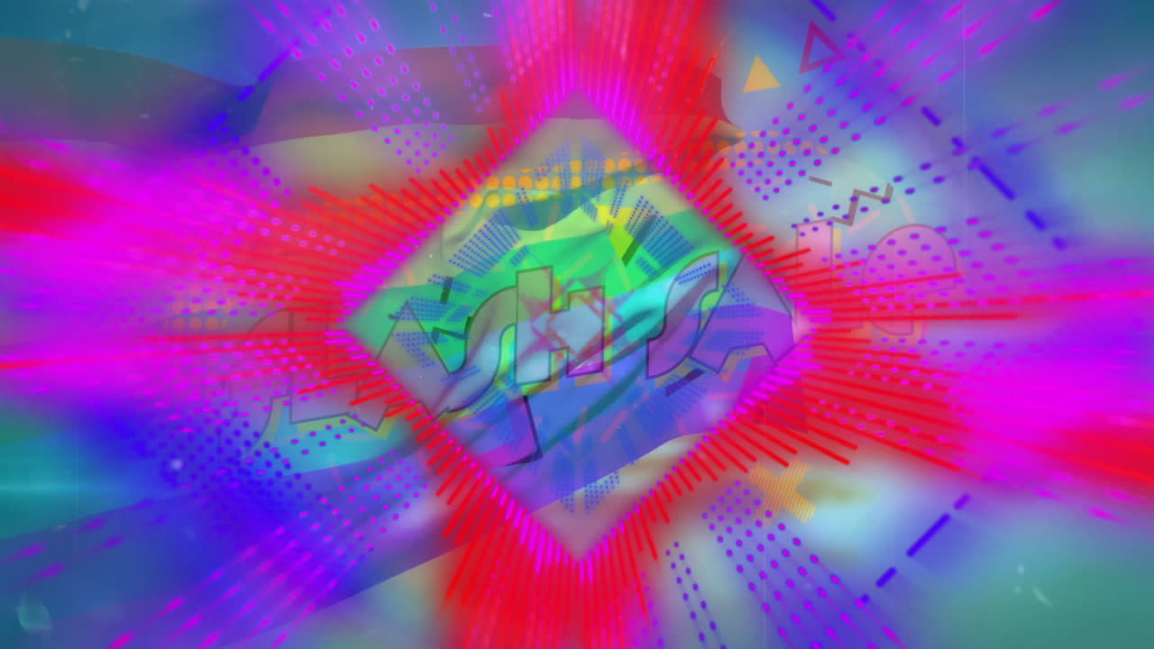 Central diamond shape glowing in flat design, bursting red radial lines and floating neon overlays