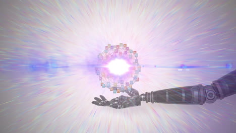 animación de una red de iconos de medios sobre la mano del brazo del robot, con luz prismática sobre fondo gris