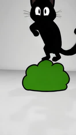 cartoon black cat in various poses with green bush