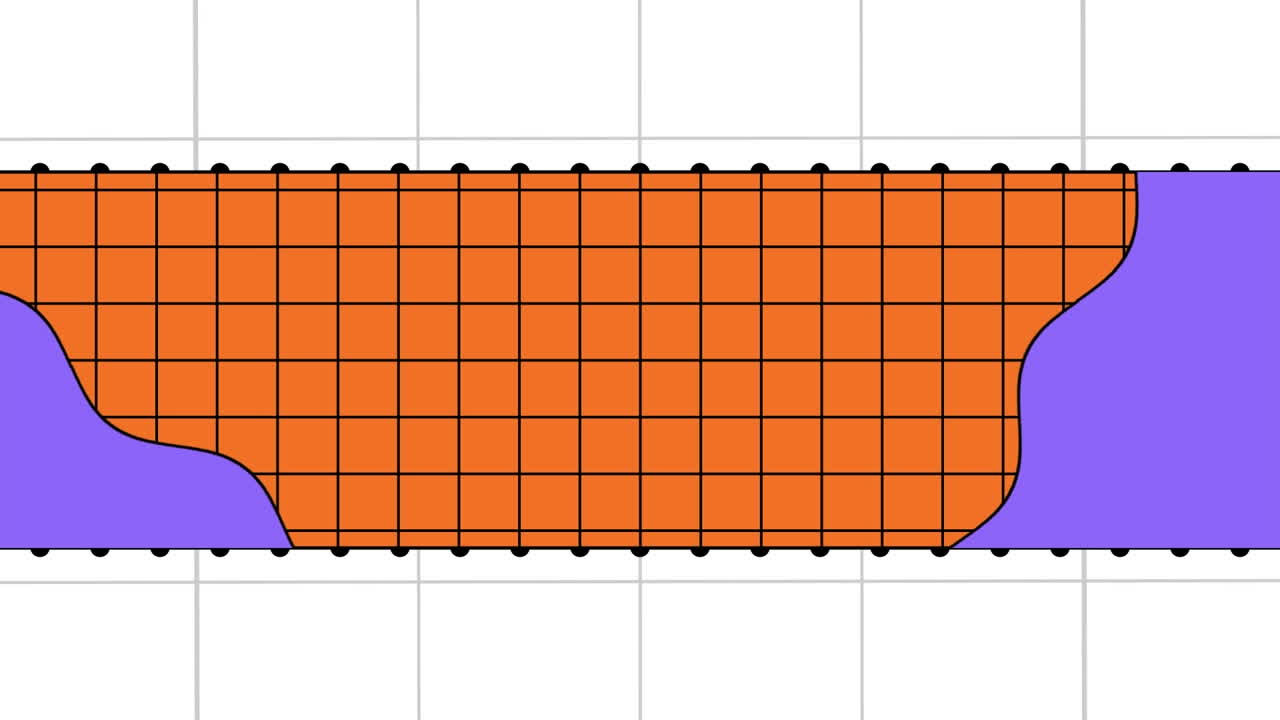 오렌지색과  ⁇ 색 배경에 검은색 격자, 점 및 보라색 모양의 애니메이션