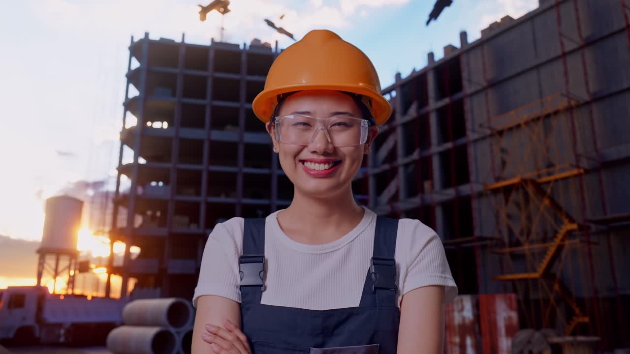 Close Up Of Asian Woman Worker Wearing Goggles And Safety Helmet Smiling And Crossing Her Arms While Standing At Construction Site