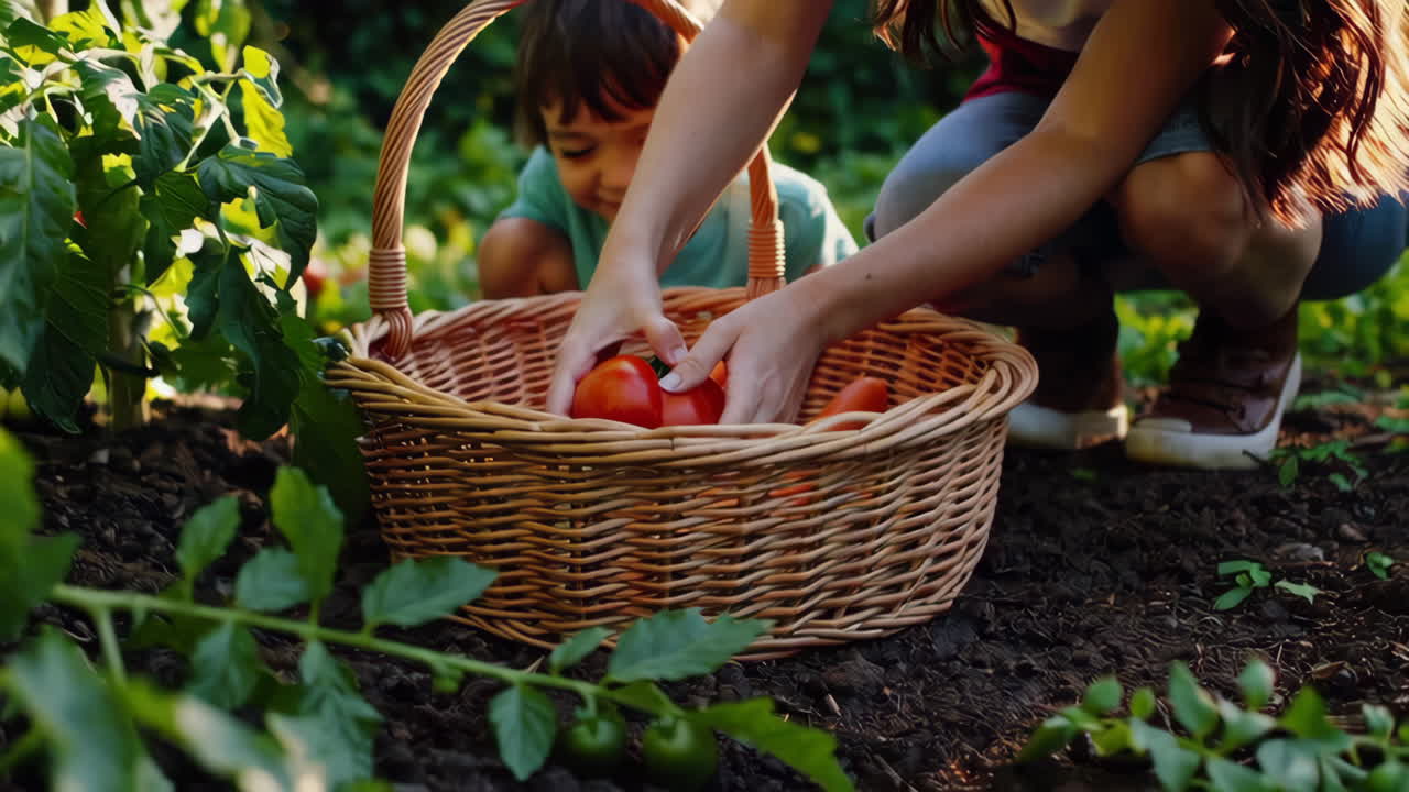 Mother and son harvesting tomatoes in a garden
