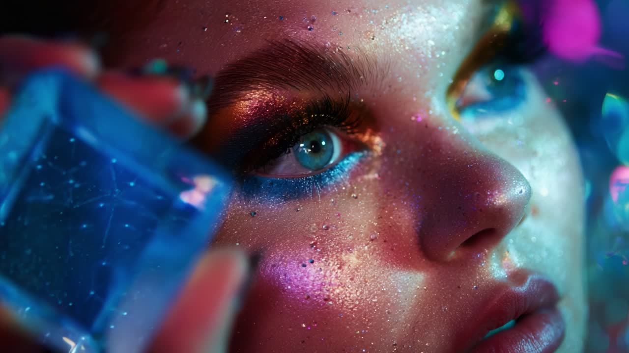 A Stunning Portrait Capturing the Magical Essence of Illuminated Beauty with Sparkling Cosmetics, Radiant Colors, and Dreamlike Gemstones Enhancing the Face's Features and Emotions