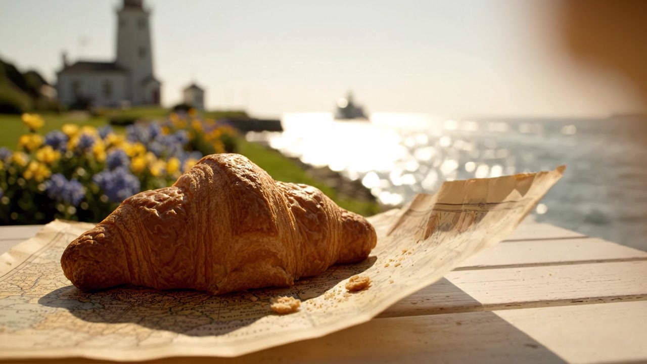 Un croissant appoggiato su una mappa accanto ad acque calme, illuminato dal caldo bagliore del sole mattutino e circondato da fiori colorati e un faro storico.