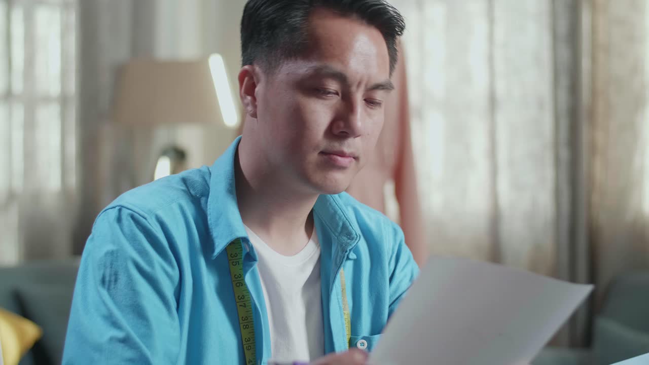 스튜디오에서 노트북 컴퓨터로 작업하는 동안 종이에 옷을 디자인하는 바느질 기계와 함께 아시아 남성 디자이너의 클로즈업