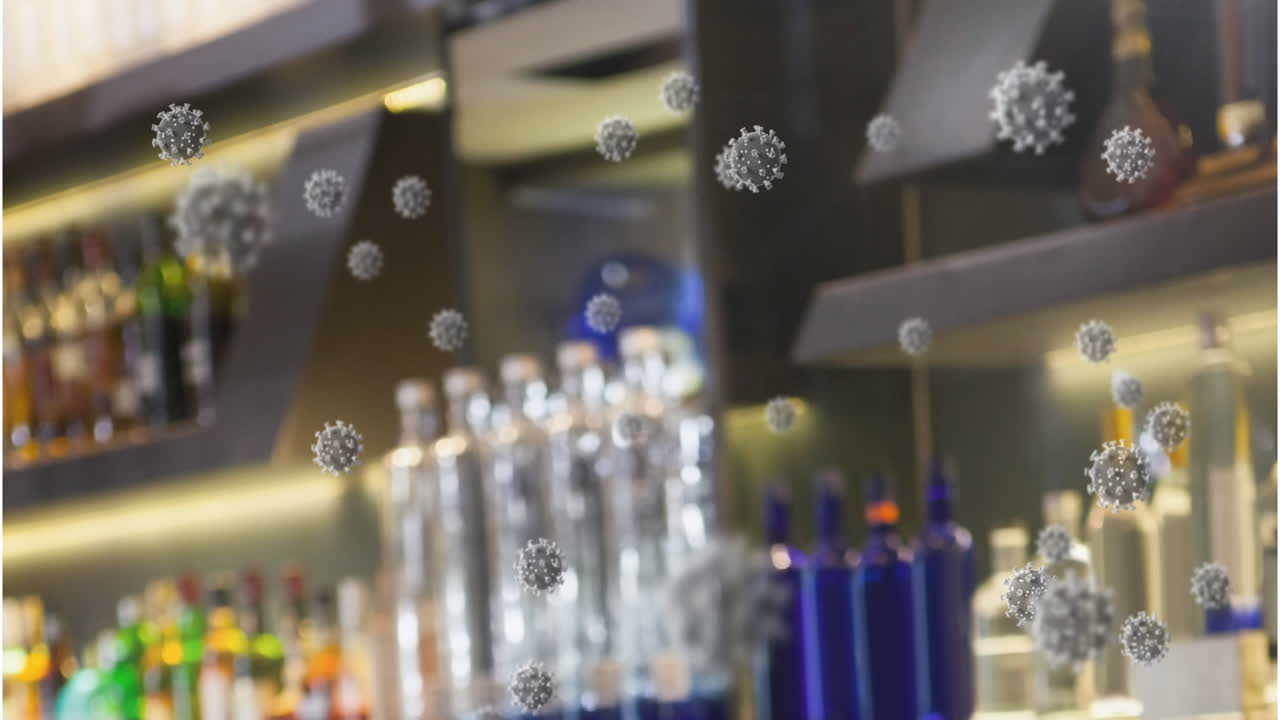 빈 바 위에 떠다니는 코로나19 세포의 애니메이션