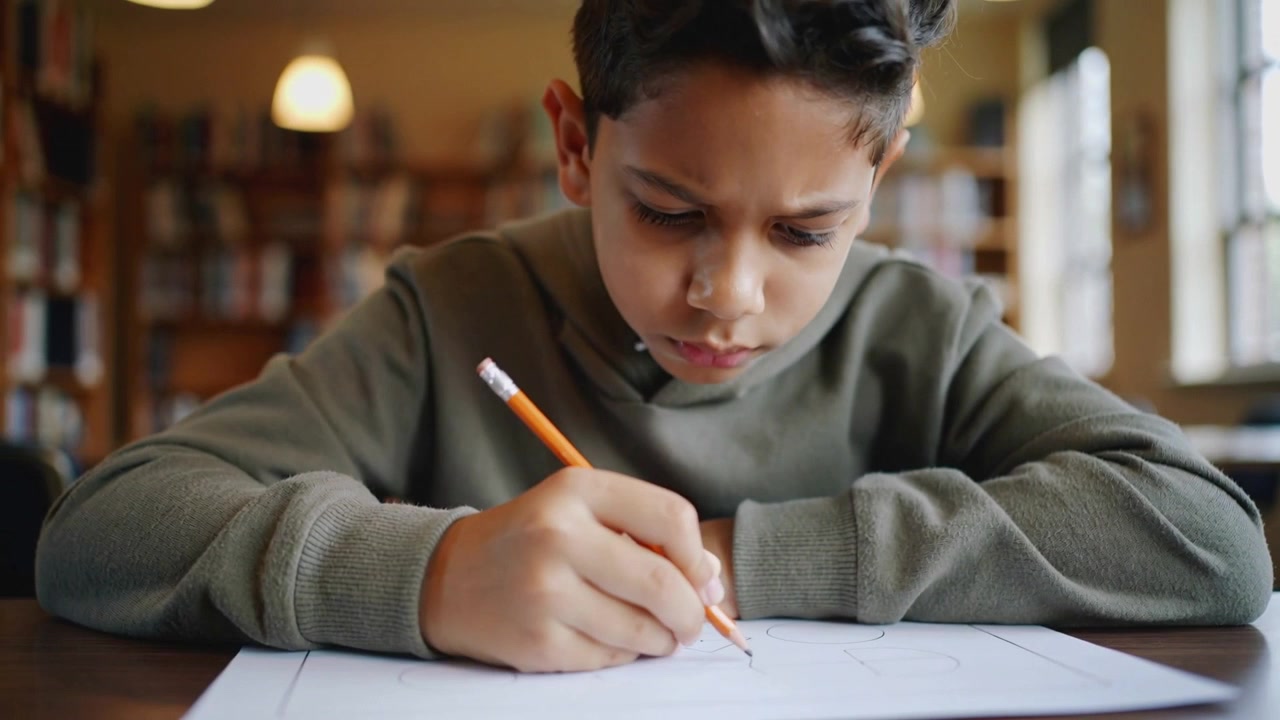Leaning forward, boy in olive sweatshirt drawing with orange pencil to finish worksheet at library