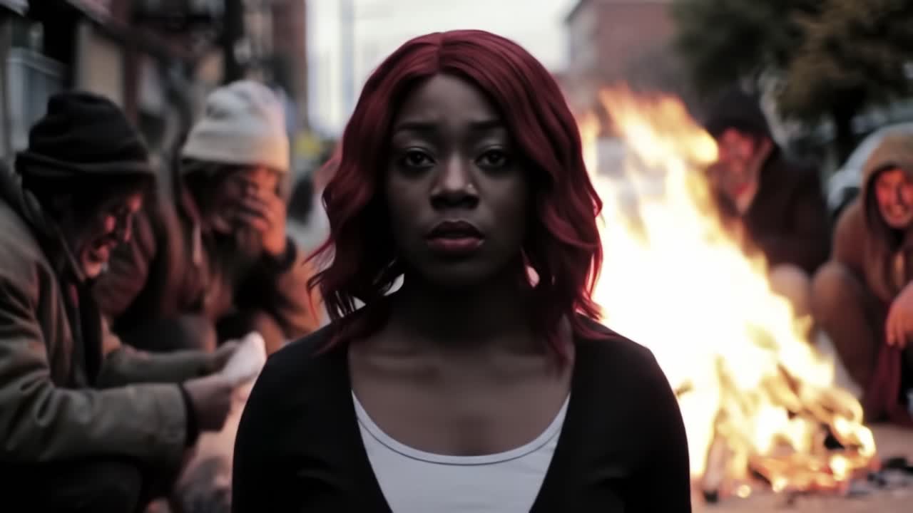 A Captivating Moment of Reflection Amidst Struggles: A Woman Stands Resiliently in the Face of Adversity, Surrounded by Flames and the Homeless Community