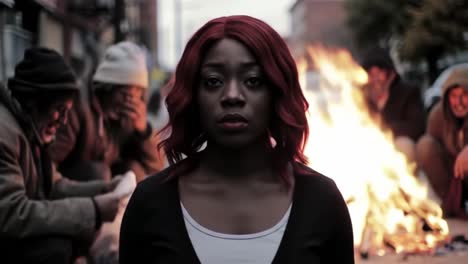 a captivating moment of reflection amidst struggles: a woman stands resiliently in the face of adversity, surrounded by flames and the homeless community